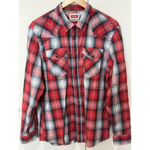 Men's Wrangler Plaid Western long sleeve button down Shirt Size L Red Blue